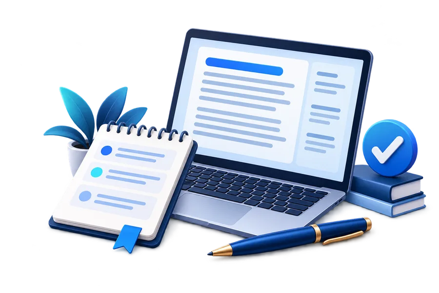 Laptop, writing notebook and pen illustrating professional website content writing