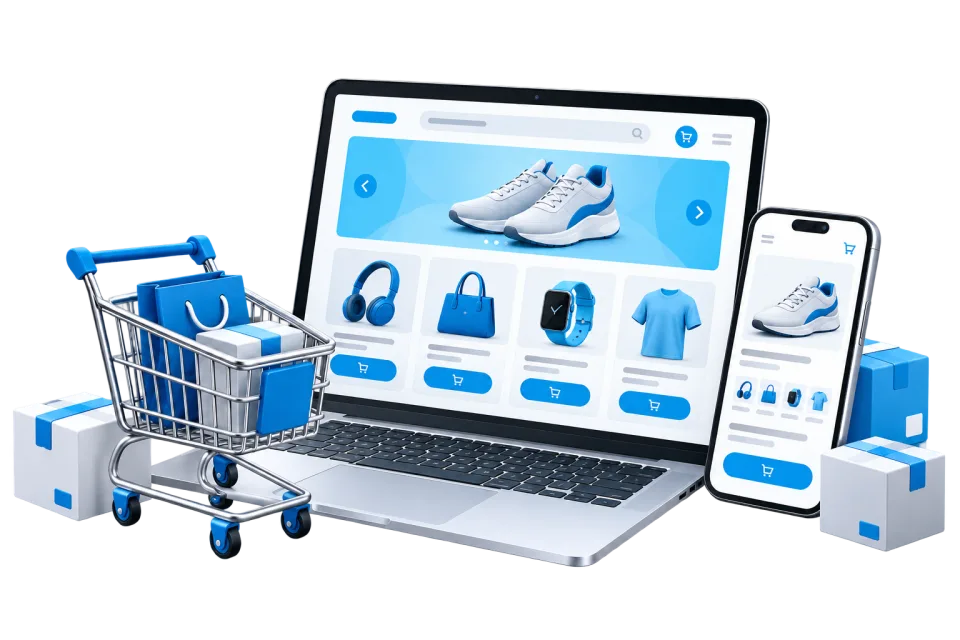 Online store displayed on a laptop and smartphone with a shopping cart and parcels