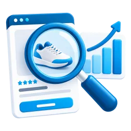 Magnifying glass and rising chart representing product search visibility