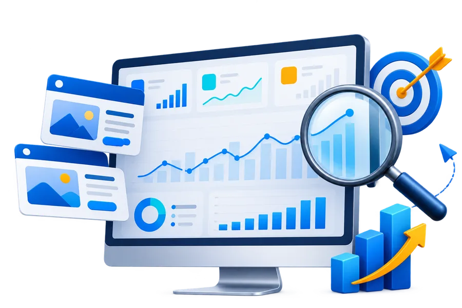 Illustration of a digital advertising dashboard, campaign analytics and a target