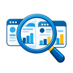 Magnifying glass comparing website analytics panels for competitor analysis