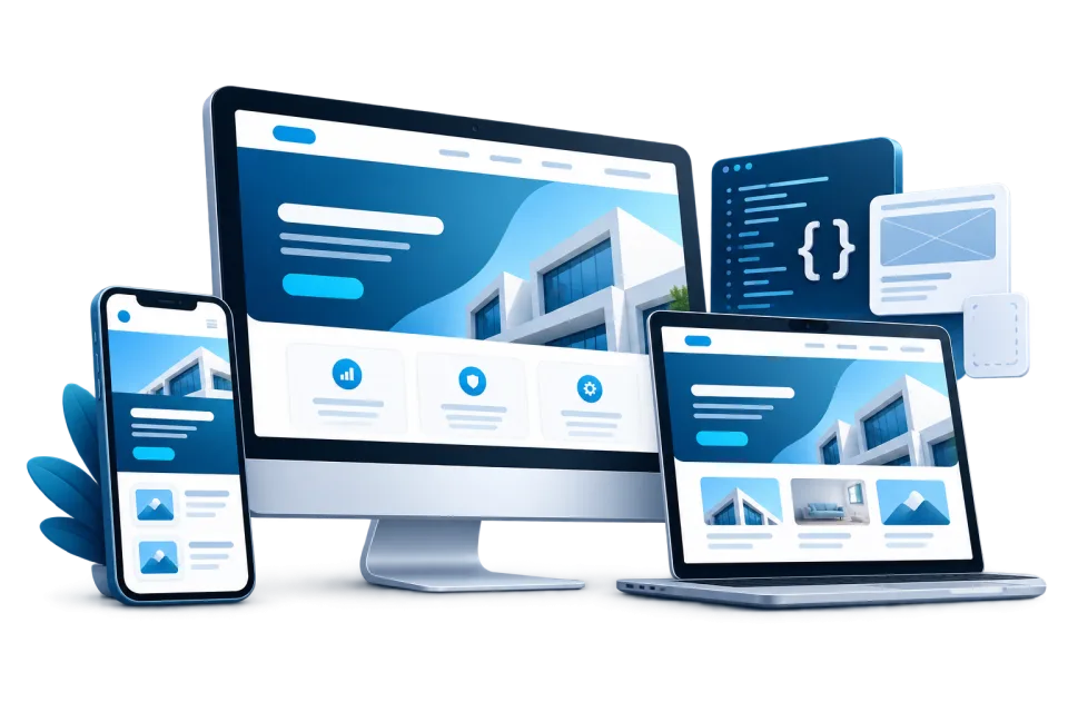 Responsive website designs displayed across a desktop monitor, laptop and smartphone